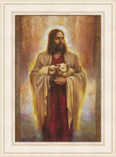 Painting of of Jesus holding two lambs in His arms. 