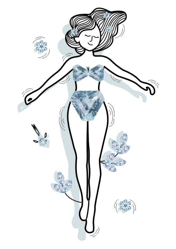 An illustration of a woman wearing aquamarine swimsuit