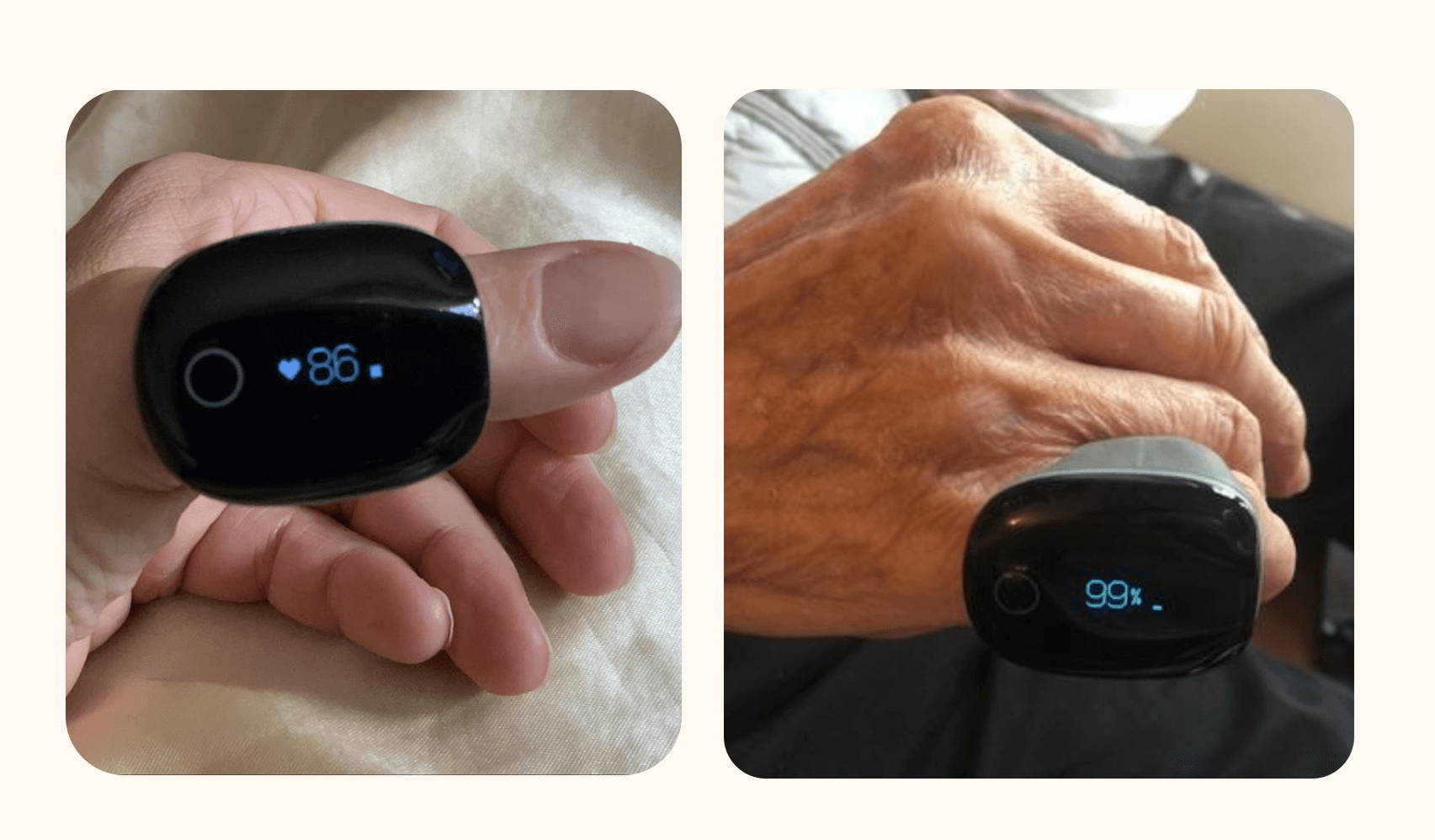 Moniteur d'oxygène O2Ring porté sur différents doigts affichant la SpO2 et la fréquence cardiaque