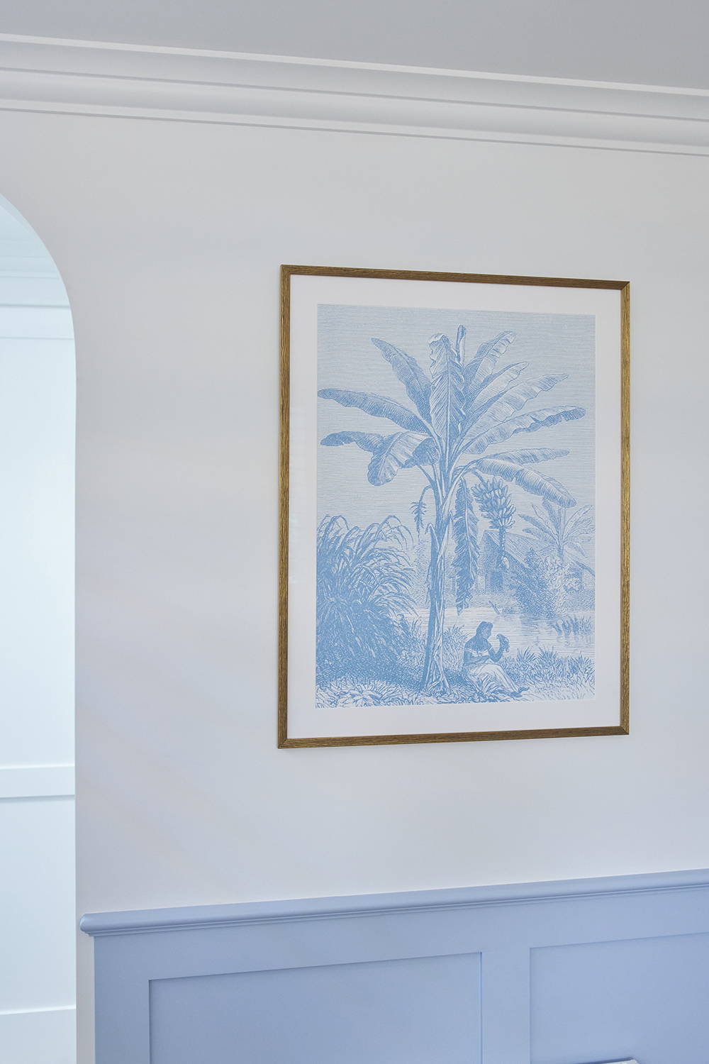 Framed Print in Kirsty and Jesse's The Block Guest Bedroom - A Hampton's bedroom interior with palm tree artwork framed in gold