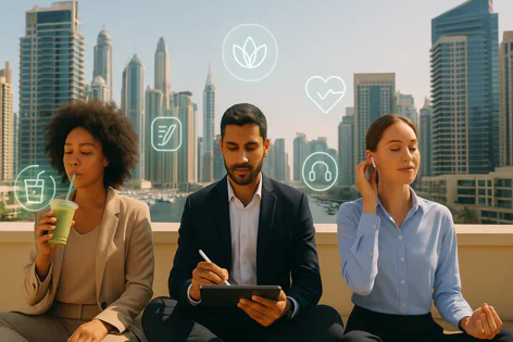 Diverse group relaxing outdoors overlooking a city skyline. One drinks a green smoothie, one uses a tablet, another listens with earbuds, symbolizing work-life balance.