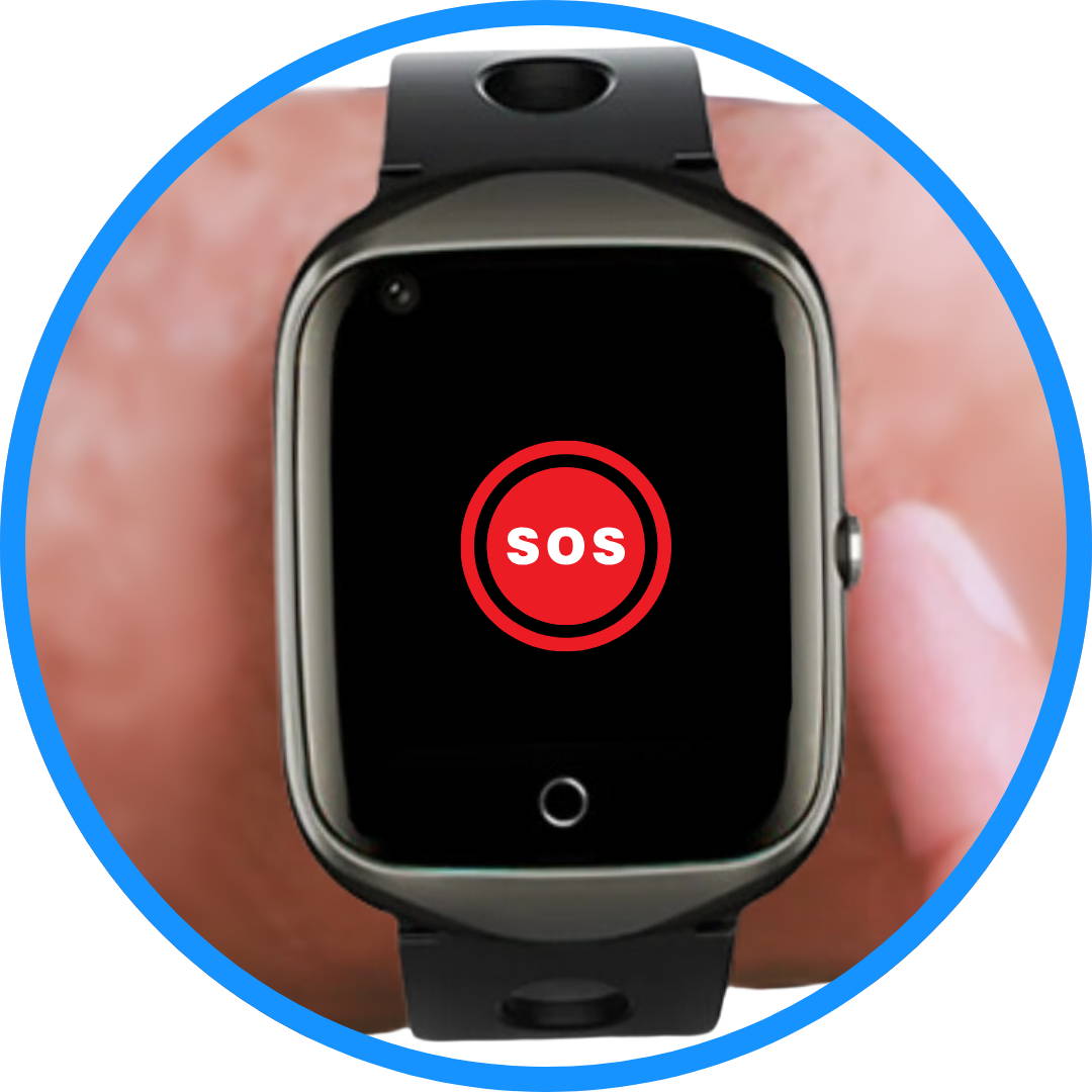 MindMe Watch Pro being worn, with the wearer pressing the SOS button and the digital screen displaying an SOS alarm icon. Text reads: 'Press the SOS button.' The SOS alarm emits an audible ringtone using its powerful built-in microphone, providing immediate emergency assistance for users with this SOS personal alarm watch.