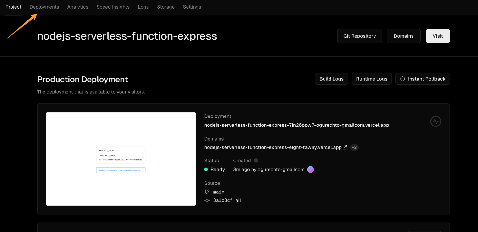 Vercel deployments tab