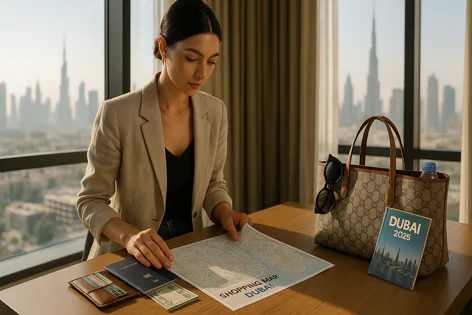A woman in a blazer sits at a table, reviewing a Dubai shopping map with a passport, money, and luxury bag beside her, overlooking the city skyline.