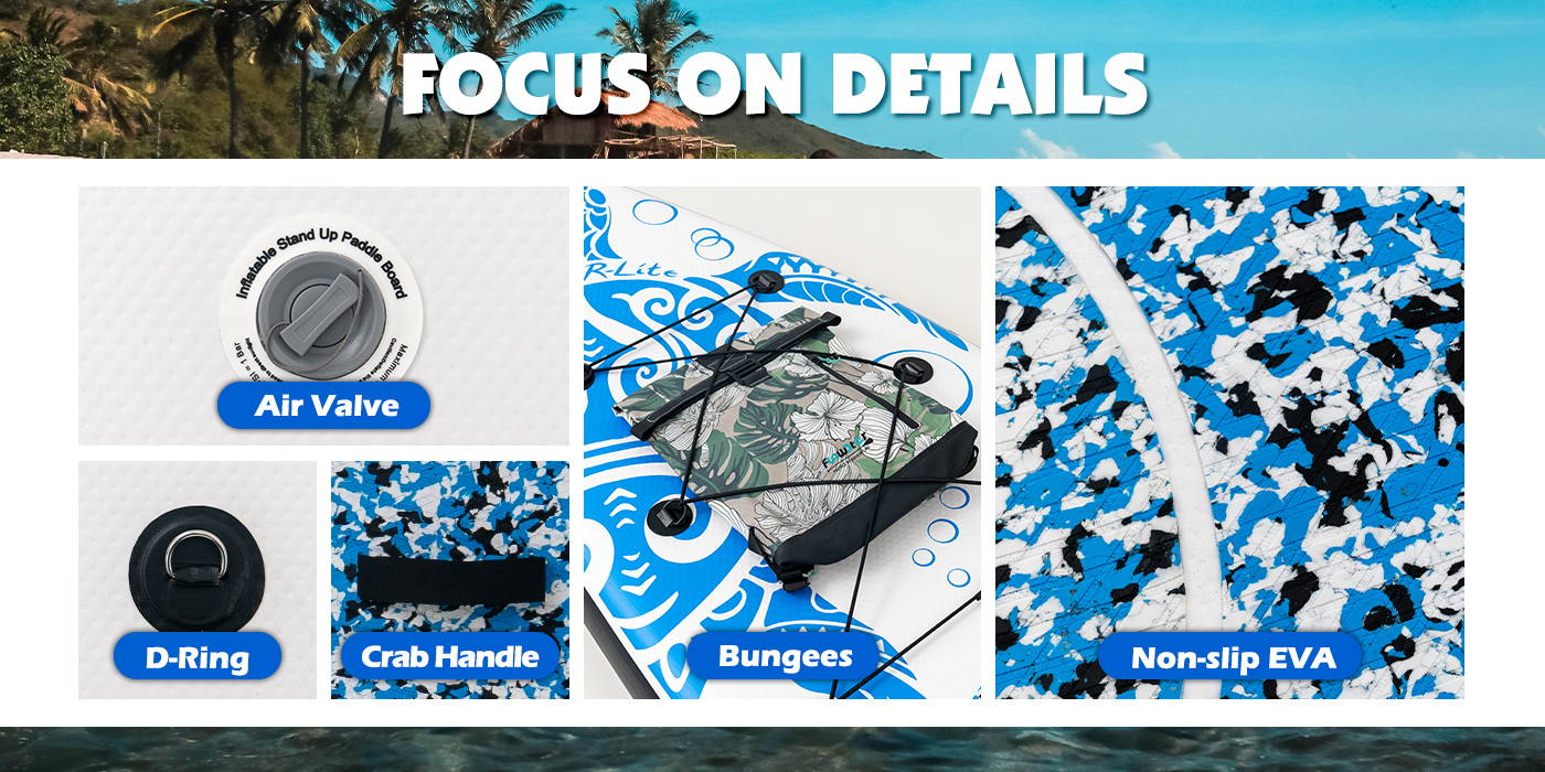 Inflatable paddle board focus on SUP board details: air valve, D-Ring, Crab-handle, bungees, non-slip EVA