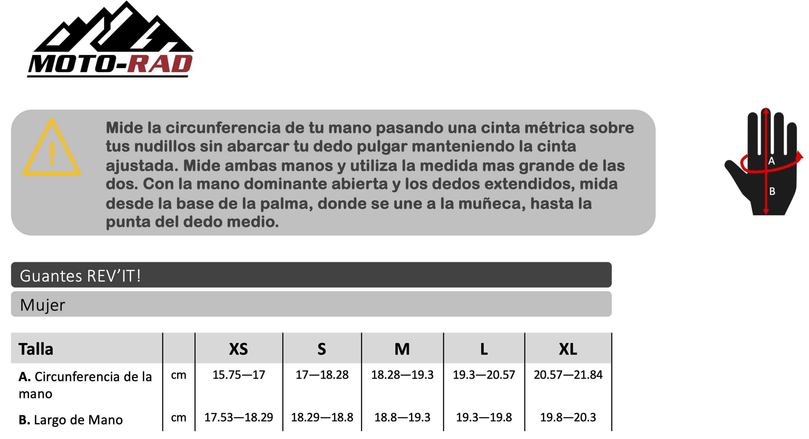 Guia de tallas para guantes Revit Mujer