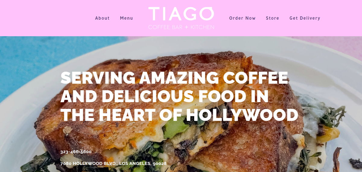 Screenshot of Tiago Coffee, from the cafe & coffee shop websites collection.