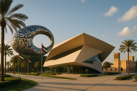 The unique silver torus building of Dubai's Museum of the Future with Arabic calligraphy, next to a modern building, UAE flags, palm trees, and green landscaping.