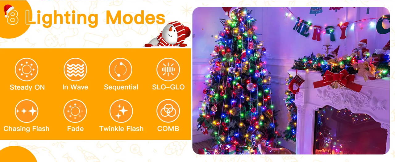 Features of Ollny's 800 leds clear cable cool white string lights - desktop size