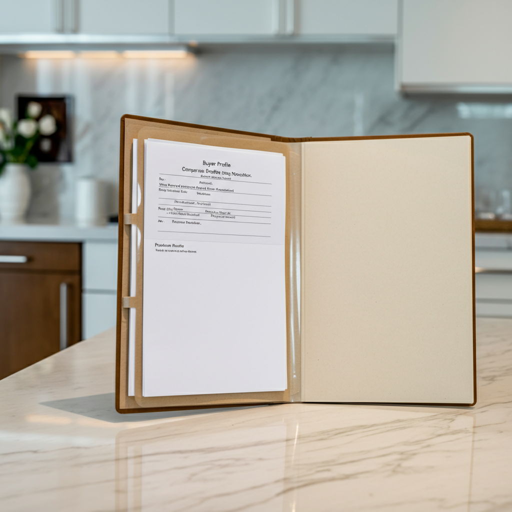 A comprehensive buyer profile dossier open on a marble countertop in a Streeterville condominium. The folder contains previous transaction records, reference letters from past sellers, and a personal letter explaining the buyer's interest in the neighborhood, illustrating the background information that helps assess buyer reliability.