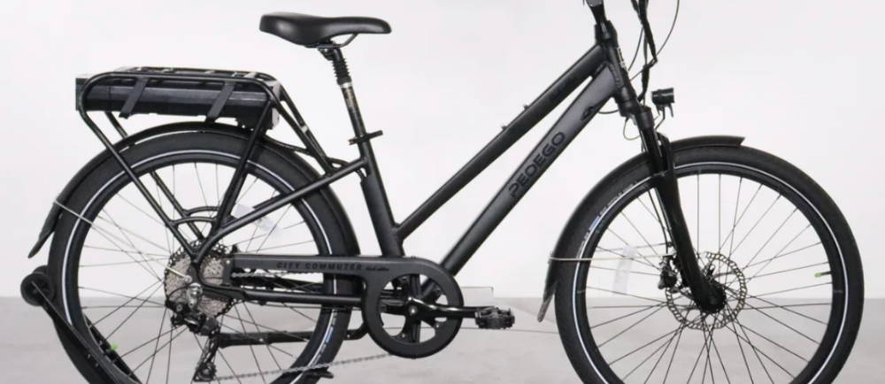 A black Pedego City Commuter step through electric city bike