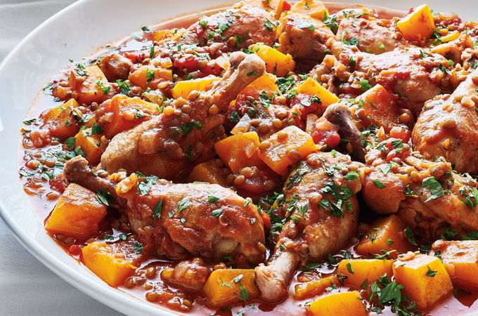 Chicken Drumsticks with Tomatoes and Lentils