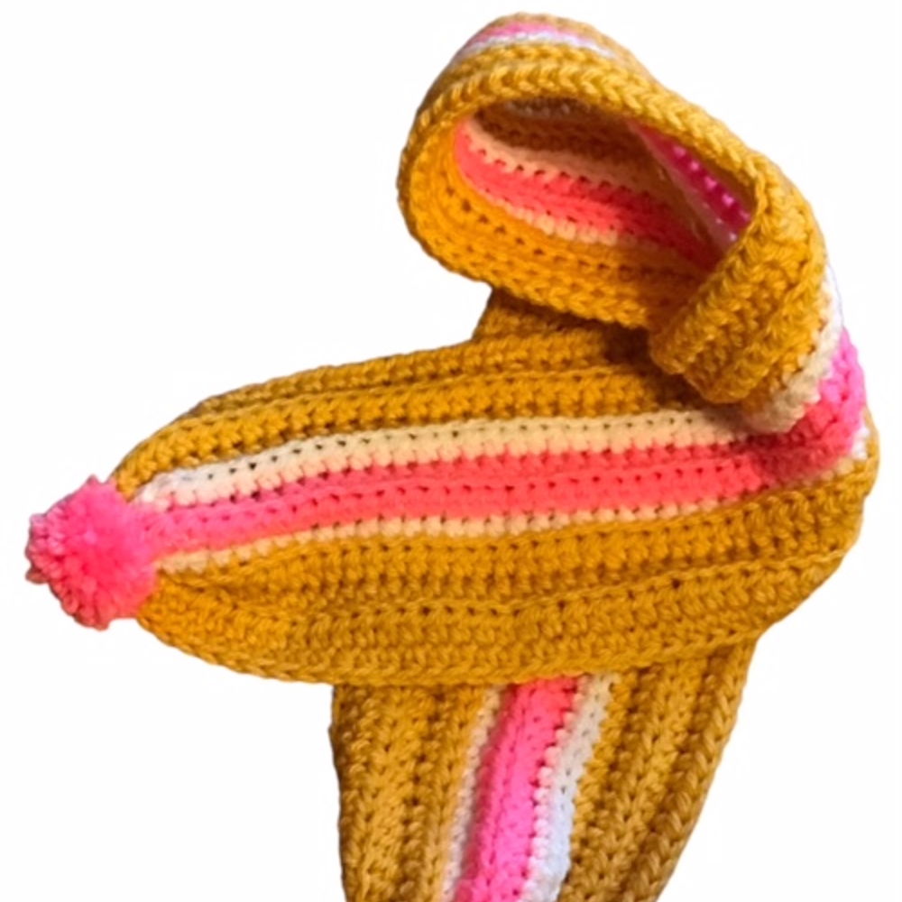 Haakpatroon geribbelde baby/peutersjaal met streep en pompoms
