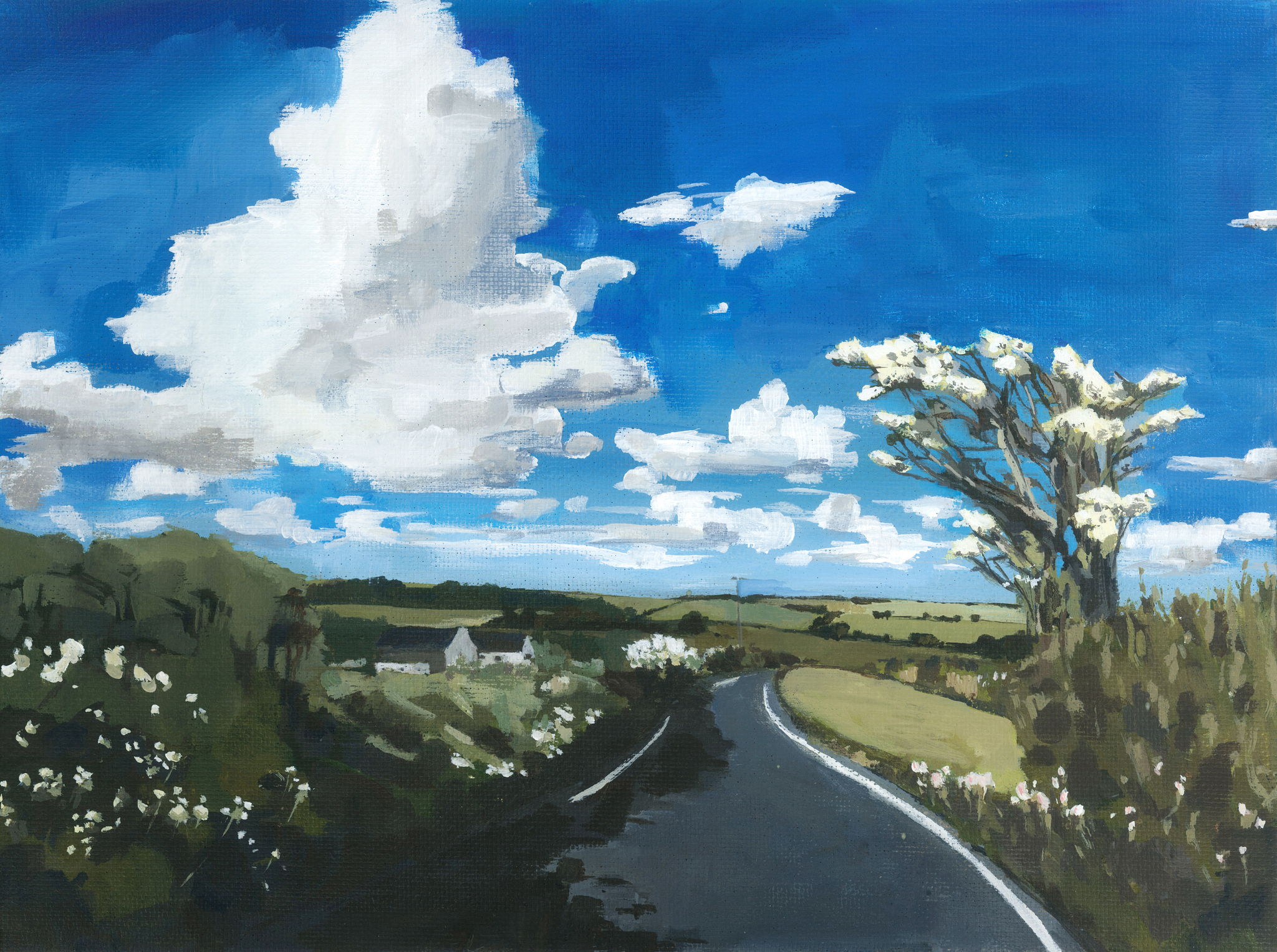 Painting of road with Hawthorn bush