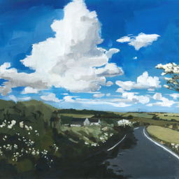 Painting of road with Hawthorn bush