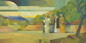 Modern painting of Jesus walking with two disciples.