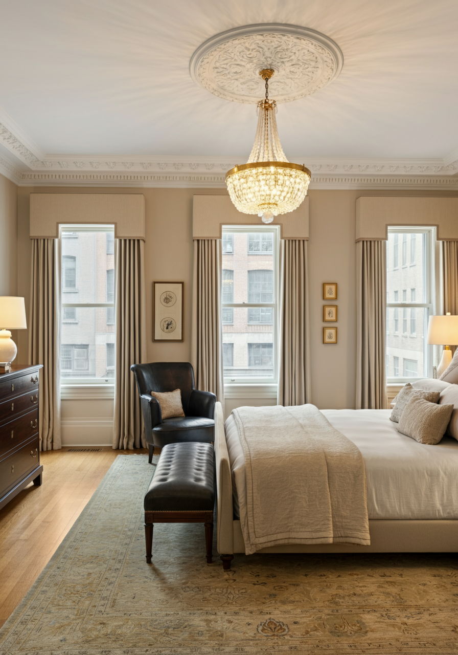 A Gold Coast master bedroom staged to highlight period details and luxury. The elegant space features restored hardwood floors, original ceiling medallions, and tall windows with custom drapery. Classic furnishings with luxurious textiles create a sophisticated retreat that appeals to buyers seeking historic character with modern comfort.