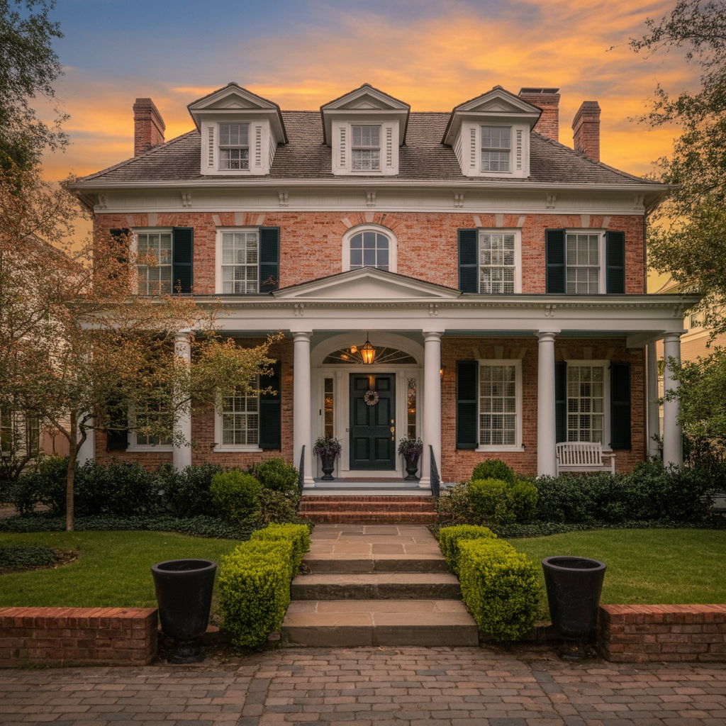 A photographic style image of A meticulously maintained Colonial Revival home's exterior, showcasing the high standards of Lafayette's luxury real estate market. high focus, sharp, lots of bright light, extra bright, highly detailed, high quality, dslr, film grain, fujifilm XT3, RAW photo, RAW candid cinema, color graded porta 400, depth of field, hyper realistic, natural-looking, expressive, textured skin, texture, 8k, photorealistic