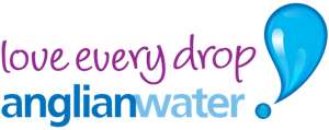 Anglian Water logo with the slogan love every drop in purple text and a large blue water droplet next to anglianwater in blue text.
