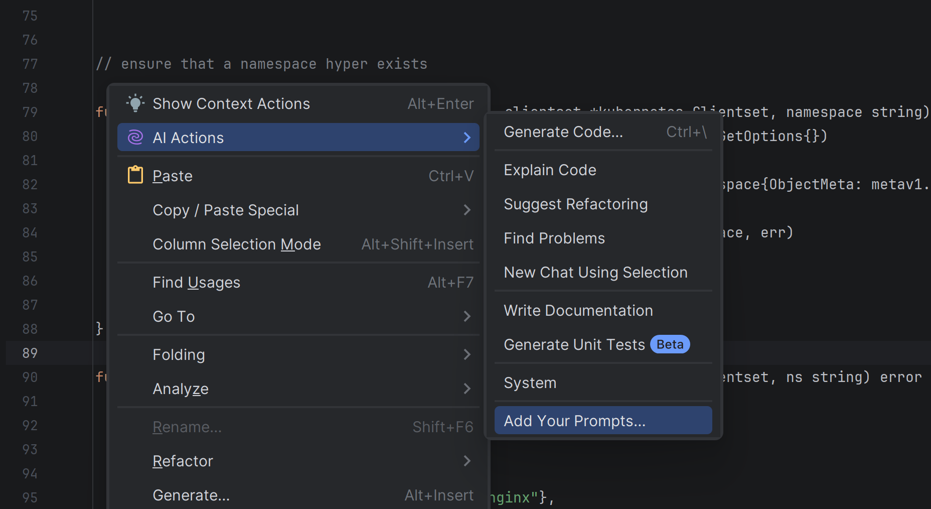 AI Actions context menu.