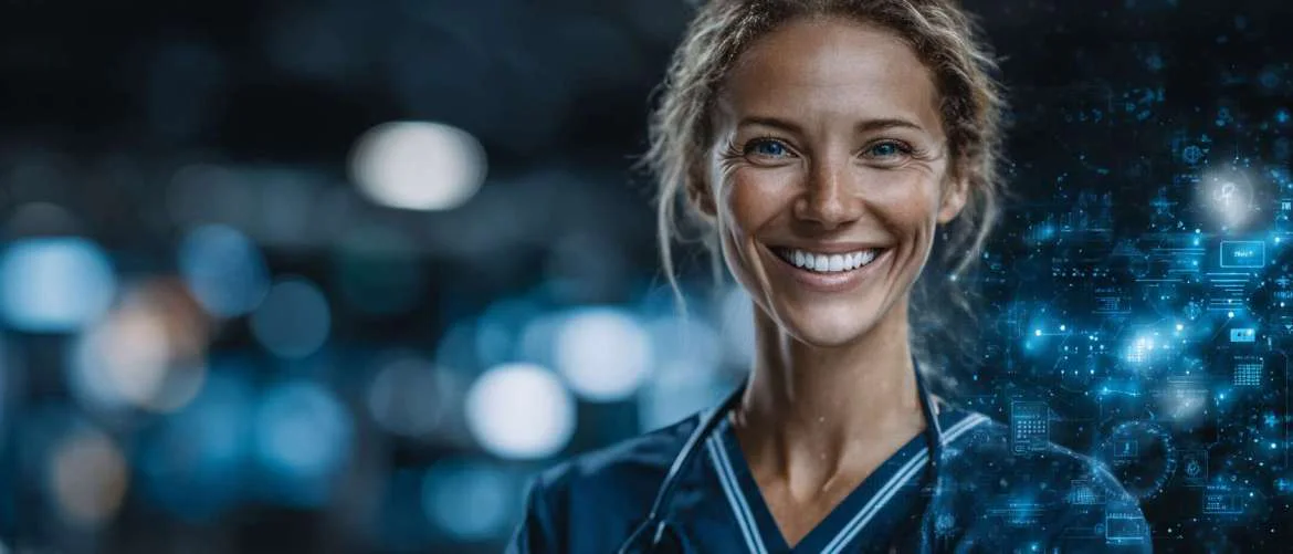 Healthcare professionals interact in a futuristic symposium with holographic displays.