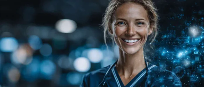Healthcare professionals interact in a futuristic symposium with holographic displays.