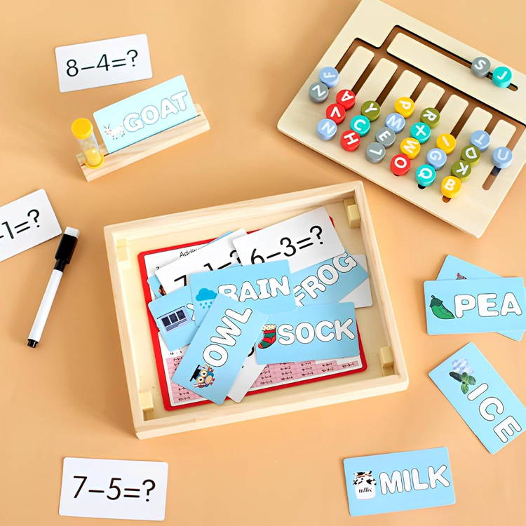 Cards with different words and math cards which are part of the wooden Montessori Ready for School Game.