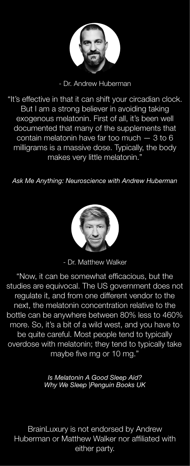 Images of and quotes from Dr. Andrew Huberman and Dr. Matthew Walker regarding the problems with melatonin supplements