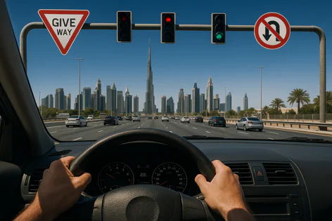POV driving on a highway towards Dubai skyline featuring Burj Khalifa. Steering wheel, hands, cars, traffic lights, and road signs are visible.