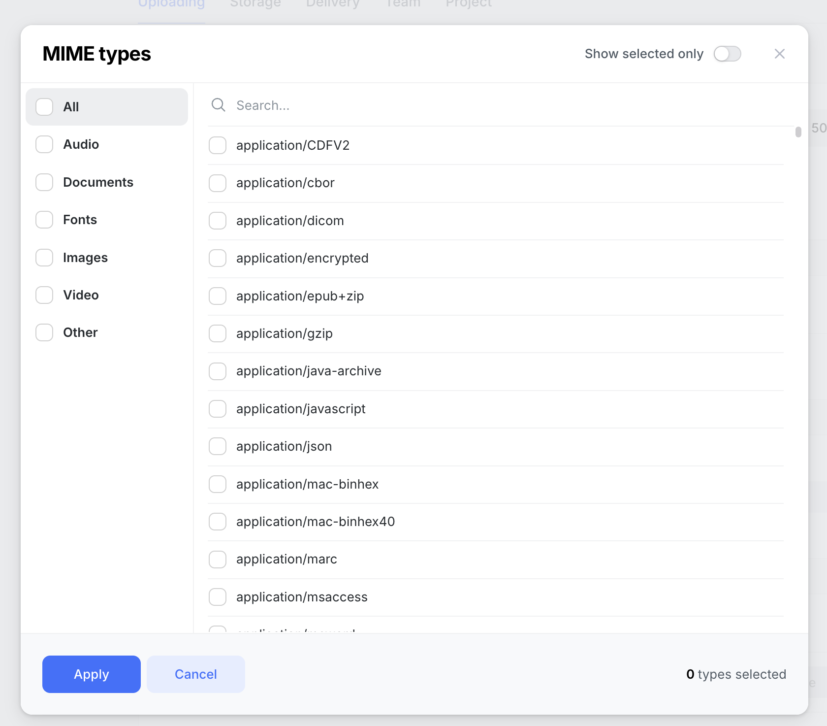 MIME type filter in Uploadcare dashboard settings