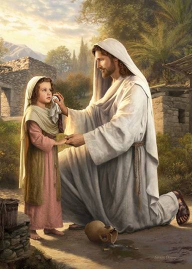 Jesus holding a white cloth and drying a little girl's tears. HIs expression is compassionate.