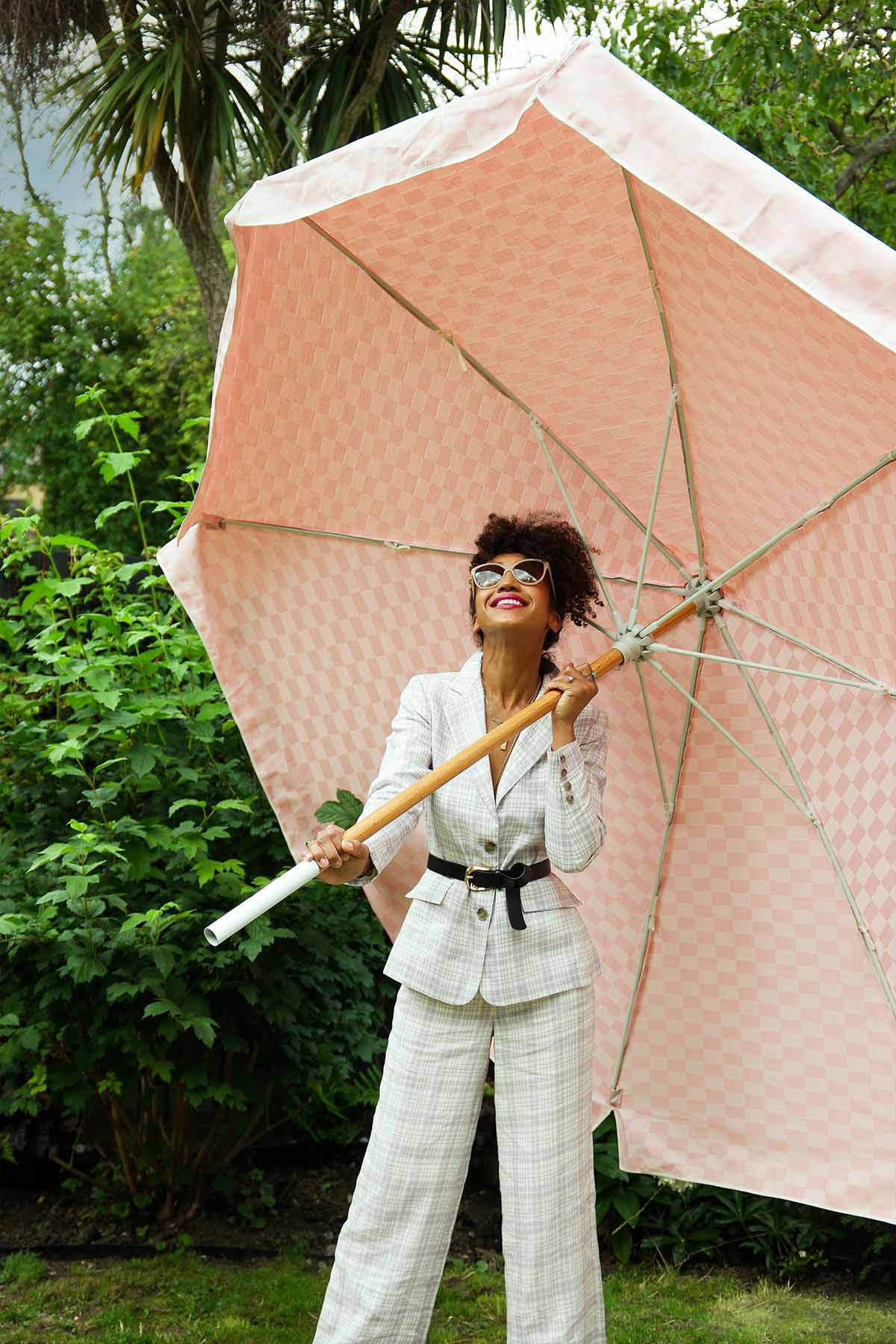 Hazel Gardiner wears Yolke's Lilac Check Linen Suit