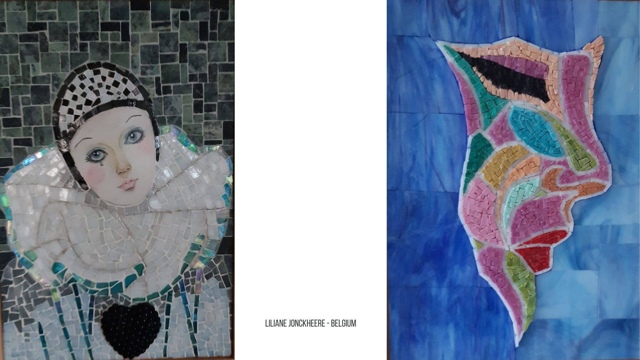 De linker foto: Een Pierrot schilderij gemaakt in mozaiek met glasmozaiek die op maat is geknipt. De Pierrot staat voor een groene achtergrond. De rechter foto: Een mozaiek van een silhouet van een gezicht gemaakt in Smalti met roze, blauw, groen en rode tinten. Achtergrond is gemaakt met blauwe Glasscherven.