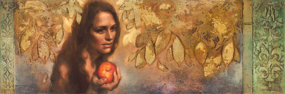 Eve surrounded by gold leaves and holding a fruit.