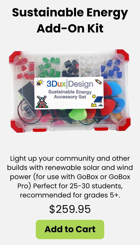 mage of a renewable energy STEM add-on kit with solar panels wind turbines LEDs and circuitry components for hands-on classroom projects teaching sustainability engineering and clean energy for grades 5 and up.