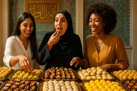 Three smiling women gathered around trays of various Middle Eastern sweets like baklava, dates, and cookies, enjoying the treats.