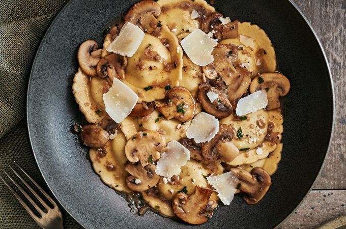 Raviolis au boeuf, sauce aux champignons