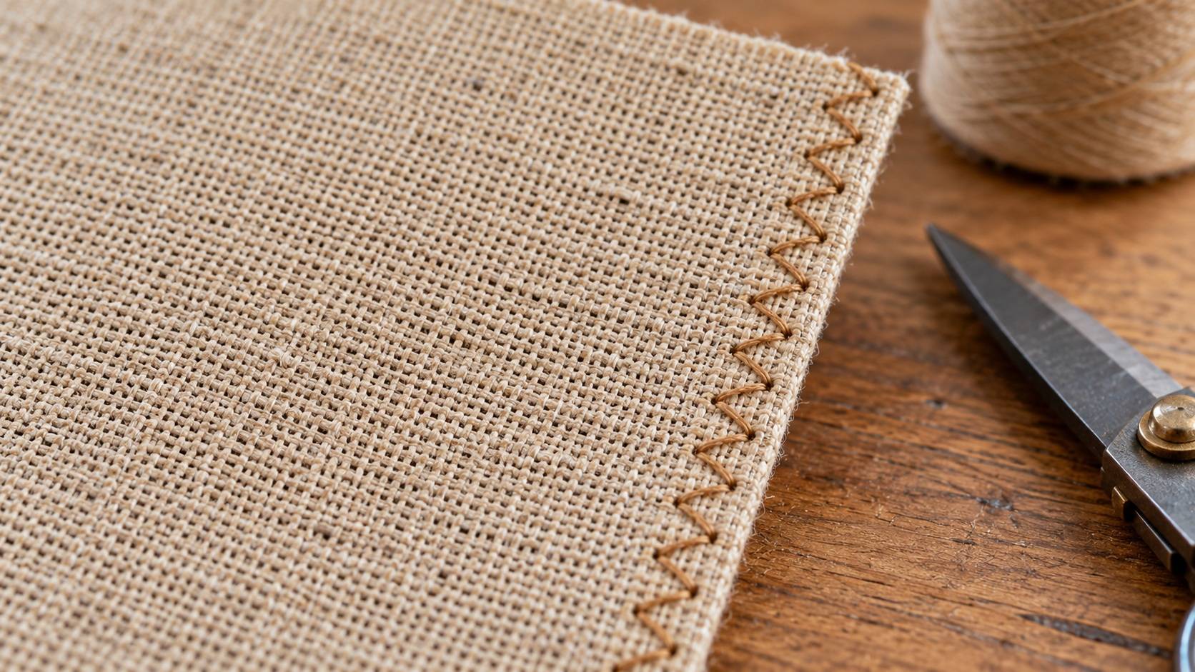 Zigzag stitching securing the raw edge of woven hemp fabric