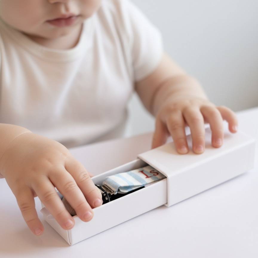 Attache-tétine fraises rouge blanc élégant de la marque suisse 'Joli Nous', un accessoire premium pour bébé, alliant design raffiné et qualité exceptionnelle