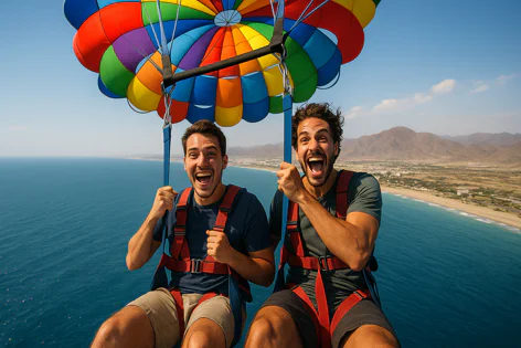 Two excited men parasailing high above the blue ocean and sandy beach, smiling under a colorful parachute. The background shows coastline and mountains.
