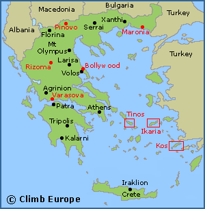 Map of the main bouldering areas in Greece