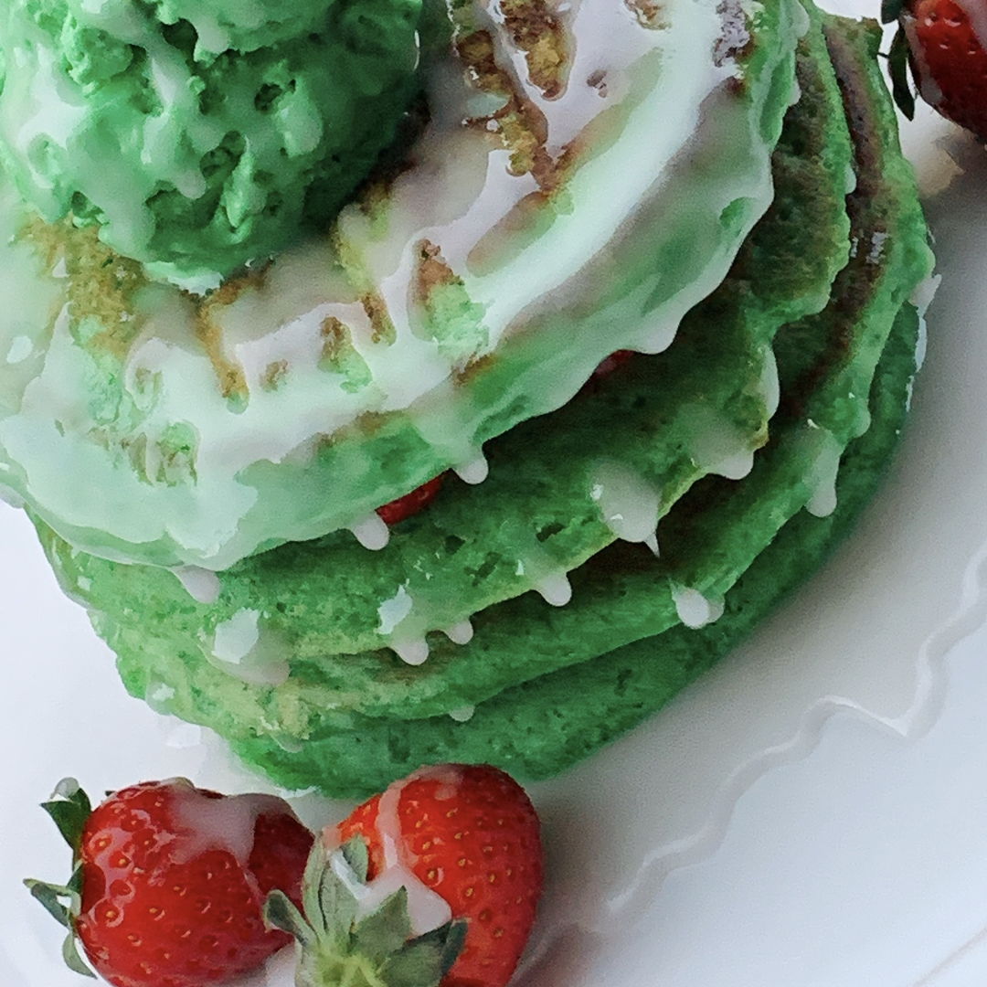 Pandan Pancakes with Pandan Ice Cream and Coconut Drizzle