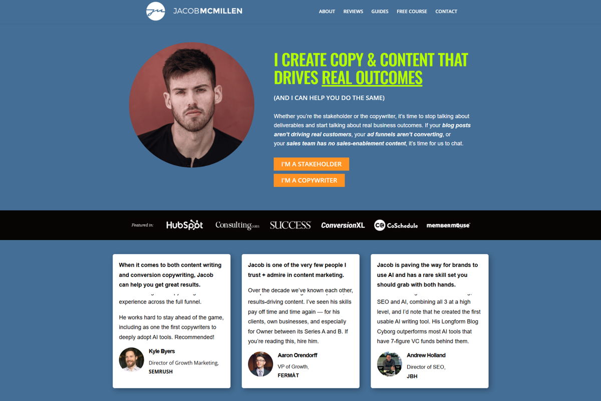 Screenshot of Jacob McMillen, from the content marketing portfolios collection.