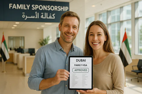 Happy couple holding a tablet showing "Dubai Family Visa Approved" in a family sponsorship office with UAE flags.