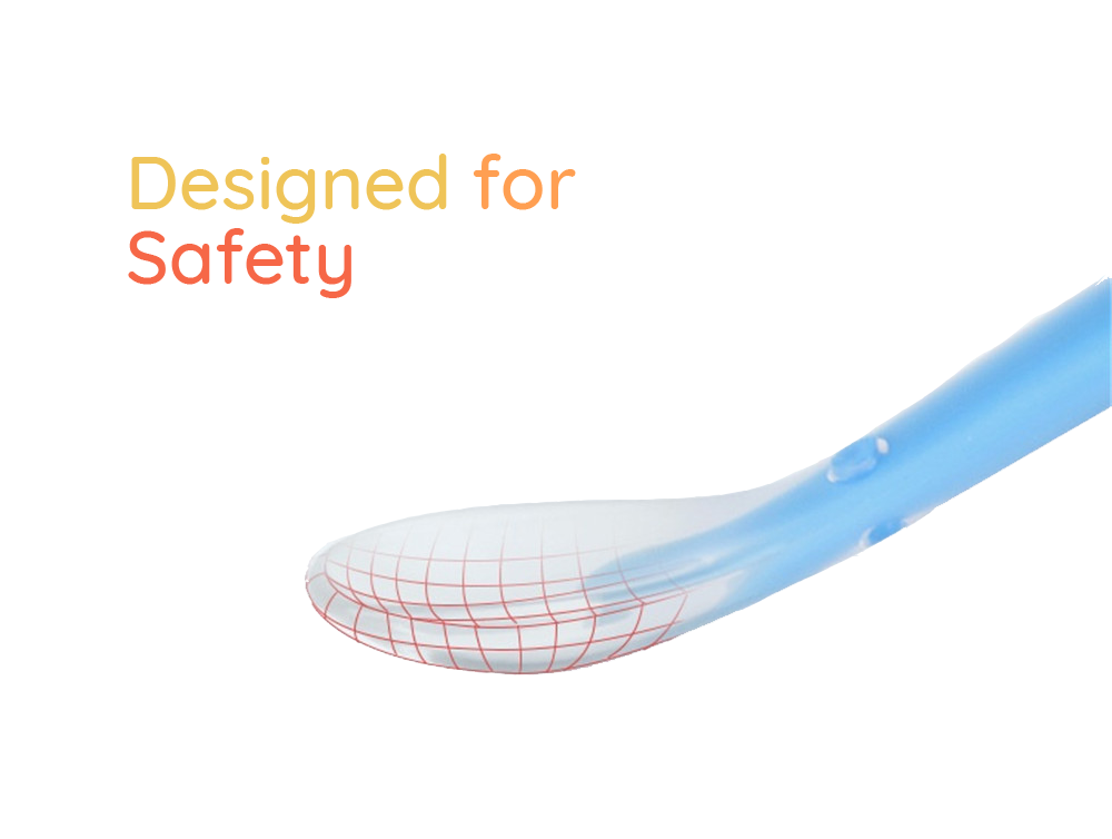 A SuperTots soft silicone spoon which is designed for safety