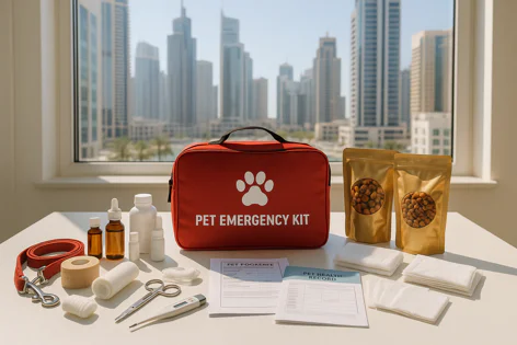 Red pet emergency kit bag with a paw print logo, containing first aid supplies, leash, thermometer, and treats on a table overlooking a city.