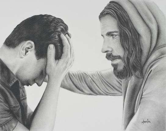 Jesus comforting a young man who has his head in his hands. 