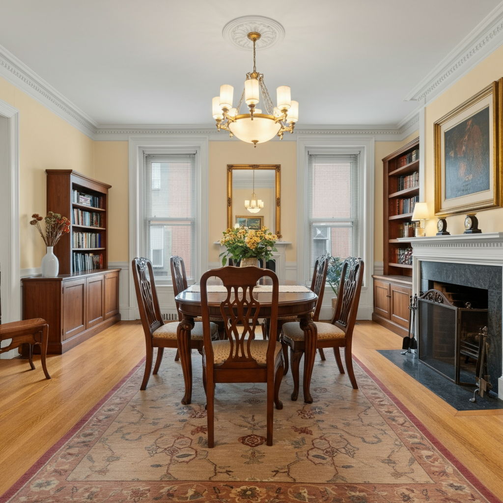 A classic pre-war cooperative in Gold Coast with elegant architectural details including crown molding, hardwood floors, and a wood-burning fireplace. The formal dining room and library offer traditional spaces for entertaining, appealing to downsizers who value historic character and established communities.