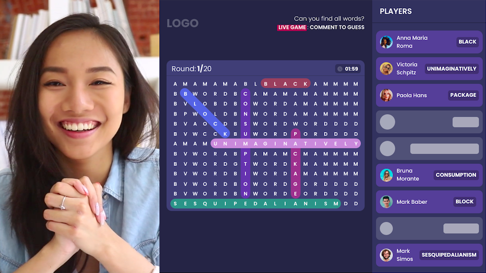 Word search game screen with web camera