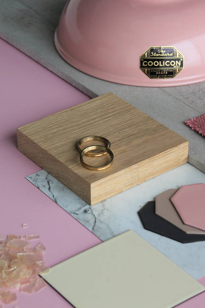 Flat‑lay of vitreous enamel Coolicon lampshade swatches showcasing colour options for contemporary enamel pendant lighting